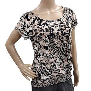 Cable & Gauge Women's Small Beige Black White Elastic Pleated Hem Blouse Y2K